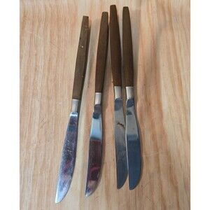 Lot Of 4 Vintage Woodwind Stainless Dinner Knives Brown Faux  Wood Handle MCM